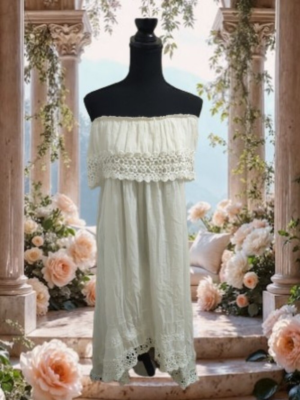 Bohemian White Ruffle Crochet Lace Peasant Maxi Dress